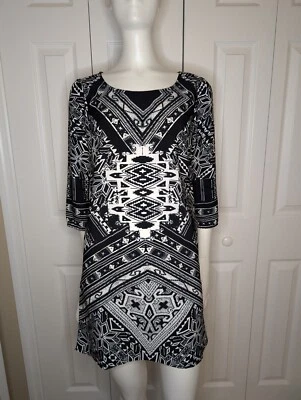 Vestido BeBop para mujer talla XS blanco y negro estampado geométrico manga 3/4 mini Foto 1 de 4