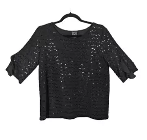 Top Clara Sun Woo donna maglia nero scintillante boxy manica corta balza USA taglia XS - Foto 1 di 7