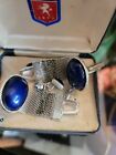 Mens Vintage Cufflinks And Tie Tack Blue And Silver Pioneer