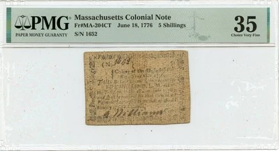 1776 June 18, 5s Massachusetts Colonial Note FR#MA-204CT PMG VF35 Counterfeit - Image 1 of 2