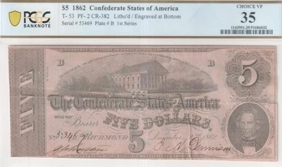 T-53 1862 $5 Confederate Money PF-2 PCGS VF35 On Nice Color Pink Bank Note Paper - Image 1 of 4