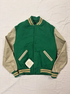 Vintage Dehen 1920 Varsity Wool Jacket Green Beige Leather Sleeves Mens Large - Picture 1 of 14