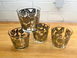 Set of 4: MCM Gold/Silver Foil Leaf Pattern Rocks Whiskey Glasses - Picture 1 of 8