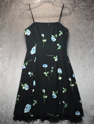 Papell Boutique Silk Evening Dress 12 Black Beaded Blue Sequin Floral A-Line Y2K - Image 1 of 4