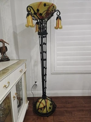 Wrought Iron Floor Lamp and Yellow Blown  Glass Shades  - Image 1 of 4