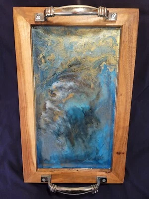 Solid Wood Tray w/Handles, Blue/Gold Resin Surface. Made in India. LOOK!! - Image 1 of 4
