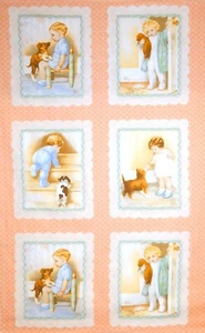 Panel de costura artesanal 100 % algodón Bessie Pease Gutmann, 6 bloques de edredón azul melocotón - Imagen 1 de 3