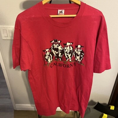 Vintage Single Stitch T Shirt Pink California Cow Print Men Size Large USA Made - Image 1 of 4