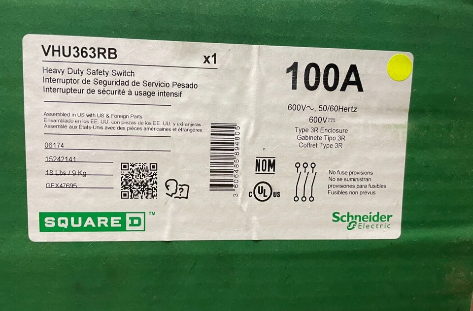 NUEVO INTERRUPTOR DE SEGURIDAD DE ALTA RESISTENCIA VHU363RB SQUARE D SIN FUNDIR 100A 600V 3P NEMA 3R Foto 1 de 1