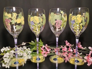 4 Block Basics Hand Painted Grapes & Leaves Wine Glasses Goblets Set w/Stickers - Picture 1 of 7