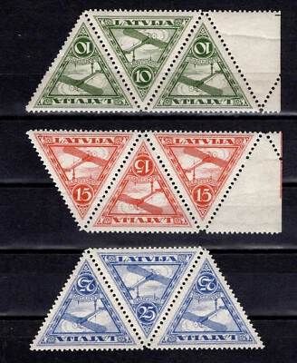 Letonia, Letonia, Sc C3-C5; Mi 129-131 MNH/** Streep of Three, AirPost/Flugpost Foto 1 de 2