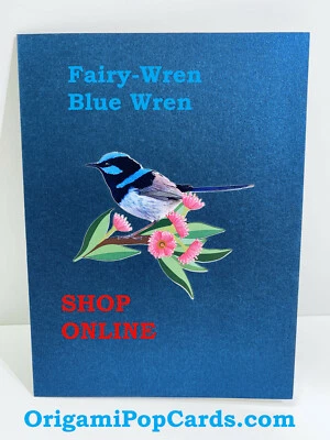 Origami PopCards.com Fairy Blue Wren Bird. Tarjeta de felicitación emergente 3D día de la madre. Foto 1 de 4