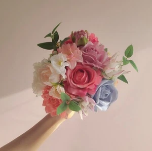 Pastel Mini Bouquet 18cmW Flower Girl Bouquet Pink Blue Bridal Wedding Bouquet - Picture 1 of 8