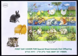 ISRAEL STAMPS 2010 ANIMALS & OFFSPRING SHEET FAUNA FDC CAT CHICKEN RABBIT - Picture 1 of 1