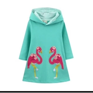 2T-Flamingo Hoodie Dress Girls Aqua Pink Flower -Beach/Pull Cover Up Dress - Picture 1 of 2