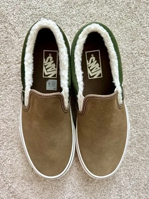 New Vans Slip On Women Sz 8 Men Sz 6.5 Brown Suede Faux Fur Skate Sneakers - Image 1 of 4