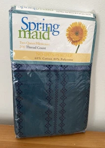Vtg 90s Spring Maid Percale 2 Queen Pillowcases Blue Green USA Made New (Open) - Picture 1 of 7