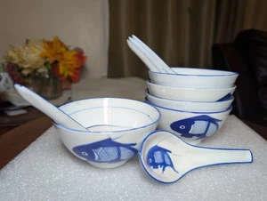 Vtg 5 Chinese Koi Lucky Carp Rice Soup Bowls And Spoons Blue White 10 Pc Set - Picture 1 of 11