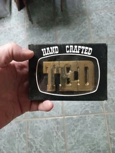 Vintage TED Name Cut Out Block Letters Solid Brass Belt Buckle - Picture 1 of 2