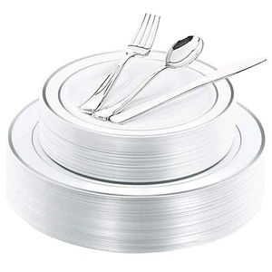 40Guest Silver Plastic Plates with Silverware - White Plastic Plates with Sil... - Picture 1 of 8