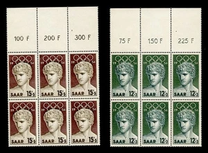 GERMANY SAAR 1956 MELBOURNE OLYMPICS Sc B109-10 TOP MARGIN BLOCK of 6 ea. MNH,OG - Picture 1 of 2