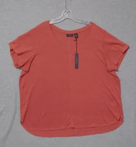 Tahari 100% Linen Coral Red Short Sleeve Tunic Top Rust V-Neck Women's Size 2X - Picture 1 of 10