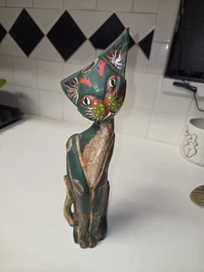Vintage 12" große handgefertigte geschnitzte Holz Katze Figur Retro Volkskunst - Bild 1 von 9
