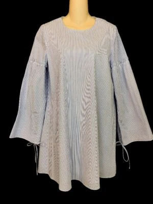 Vestido Tibi Azul Y Blanco Algodón Rayas Manga Campana Con Corbata Talla 0 Foto 1 de 4