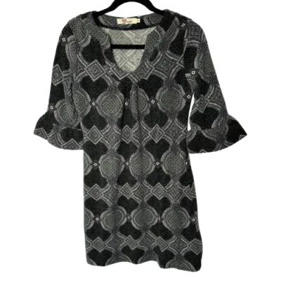 Aryeh Anthropologie Sweater Dress Women Sz S Black Gray Geometric Bell Sleeve - Image 1 of 4