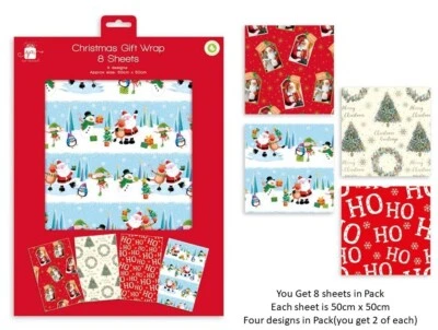 GIFTMAKER Christmas Gift Wrapping Paper Mix Festive Traditional Each 50cm x 50cm 8 Sheets