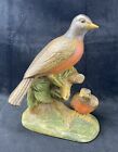 Vintage Porcelain Robin Adult And Baby Figurine Hand Painted Signed 9” Tall