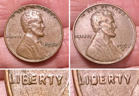 Lot of 2 Wheat Penny “LIBERTY” Error 1 Cent Coins 1957 and 1957-D Cover