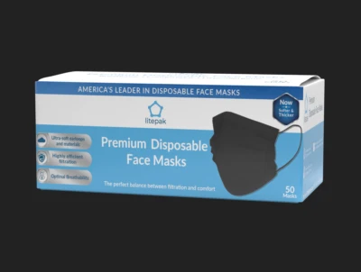 50pcs Litepak Premium Disposable Face Mask 3-Ply SOFT Comfort Earloops Black - Image 1 of 4