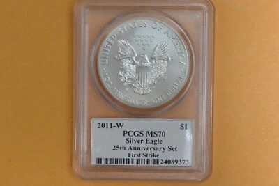 2011 W (BURNISHED) SILVER EAGLE PCGS MS70  MERCANTI SIGNED First Strike - Image 1 of 4