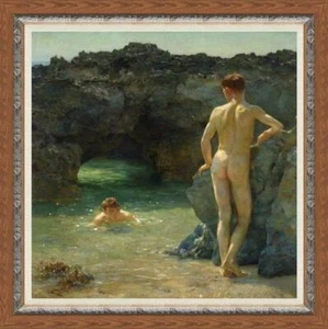 Dipinto olio originale fatto a mano arte uomo nudo ragazzo mare su tela 30"x30" - Foto 1 di 2