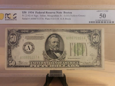 1934 $50 FRN BOSTON MA Fr.2102-A LGS PCGS CERT @ AU50 - Image 1 of 4