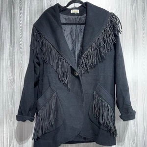 Frangia vintage Lorovi nera misto lana pelle western sud-ovest made in USA boho - Foto 1 di 13