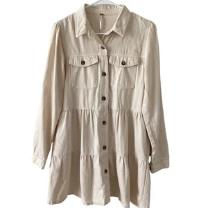 Free People Beige Tiered Mini Cotton Dress Long Sleeve Button Down Collared Sm - Picture 1 of 8