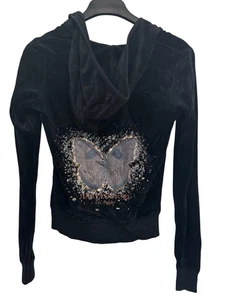 Vintage Y2K Juicy Couture Velvet Hoodie Women M Black Butterfly Sequin Embellish - Picture 1 of 6