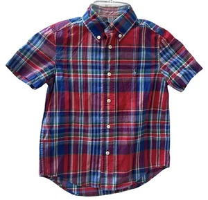 Ralph Lauren Polo Boys 5 Madras Plaid Short Sleeve Button Shirt Natural Stretch - Picture 1 of 3