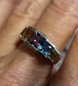 Anello Vintage Argento Sterling 925 Pietra Preziosa Taglio Principessa Ametista Granato Peridoto 9 - Foto 1 di 10