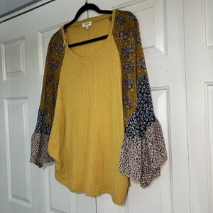 Umgee Blouse Top Waffle Knit Floral Mixed Print Ruffled Bell Sleeve Size Medium - Picture 1 of 8