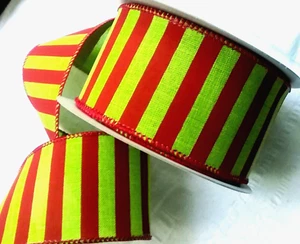 Rot Limette horizontale Streifen 2,5" mal 2 Yard verdrahtetes Band Weihnachten Elfe Grinch - Bild 1 von 4