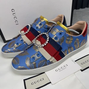 GUCCI Ace Sneakers Crystal Sylvie  Blue Lace 7.5 US or 4.5 UK or 37.5 EUR - Picture 1 of 11