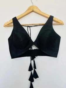 Black Premium Silk Plunging V Neck Sleeveless Designer Blouse , Saree Blouse - Picture 1 of 6