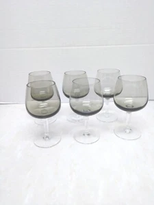 Vintage MCM Hand Blown Smoke Glass & Clear Wine Glasses Set Of 6 - Picture 1 of 6