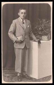 Edwardian vintage private photo postcard boy 1st communion flower gloves - Picture 1 of 2