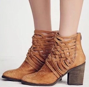Free People Ankle Boots Shoes Carrera Sz 7, EU37 Leather Woven Booties NEW $198 - Picture 1 of 8