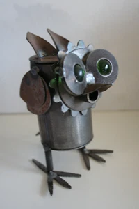 Handmade Owl Metal Art Sculpture Glass Eyes Steampunk Brutalist 5” - Picture 1 of 7