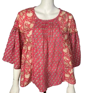 Rachel Zoe Pink Boho Top Medium Block Print India Cotton Gauzy - Picture 1 of 5